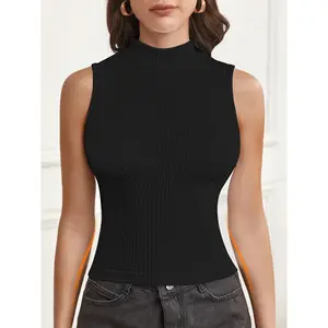 Women's Mock Neck (Turtleneck) Sleeveless Solid Rib Knit Tank Top - Polyamide Blend Fabric, High Stretch, Soft Collar, Form-Fitting, Pull-On Close Basic Cami Shirt - Casual, Minimalist Chic, All-Seasons Comfortable Womenswear