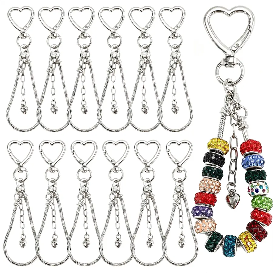 10-Piece Silver Heart-Shaped Alloy Metal Beaded Keychains, Wholesale DIY Beading Jewelry Kit, Crafting Supplies with Mini Pendants