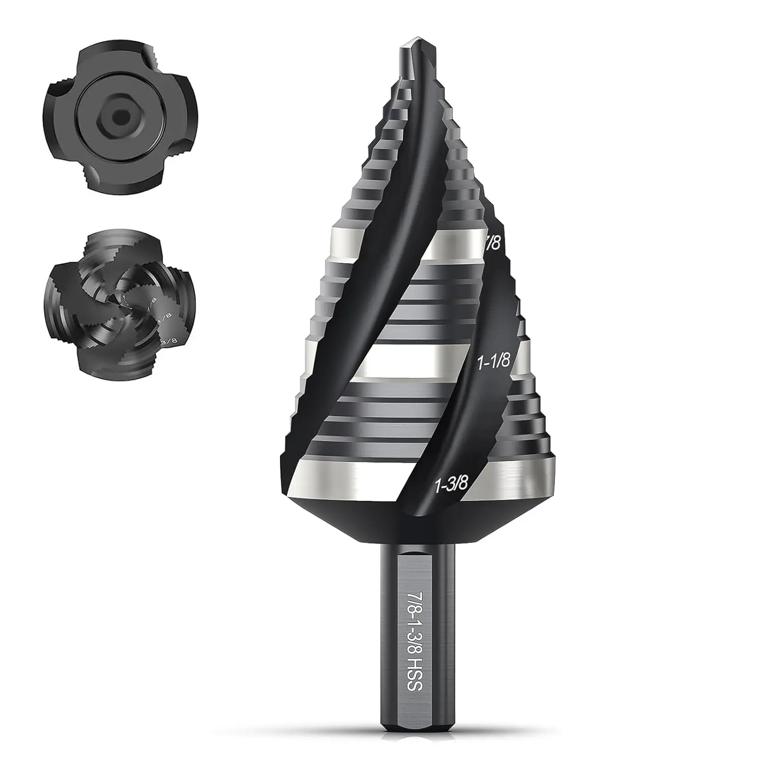 Four Spiral Flute Step Drill Bit, HSS Step Drill Bit3/16-/8 (3 Popular Sizes) Unibit Step Drill Bit, 1/4" Shank Step Bits for Aluminum, , Plastic, Metal