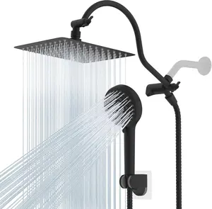 High Pressure Rainfall 10'' Shower Head, CUPC Certified Handheld Showerhead Combo, 12'' Adjustable Shower Extension Arm, 10-Spray, 71'' Hose, Adhesive Showerhead Holder, Matte Black