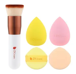 DUcare Foundation Brush with Makeup Sponges Puff Flat Top Kabuki Brush for Liquid Blending Mineral Powder Buffing Stippling