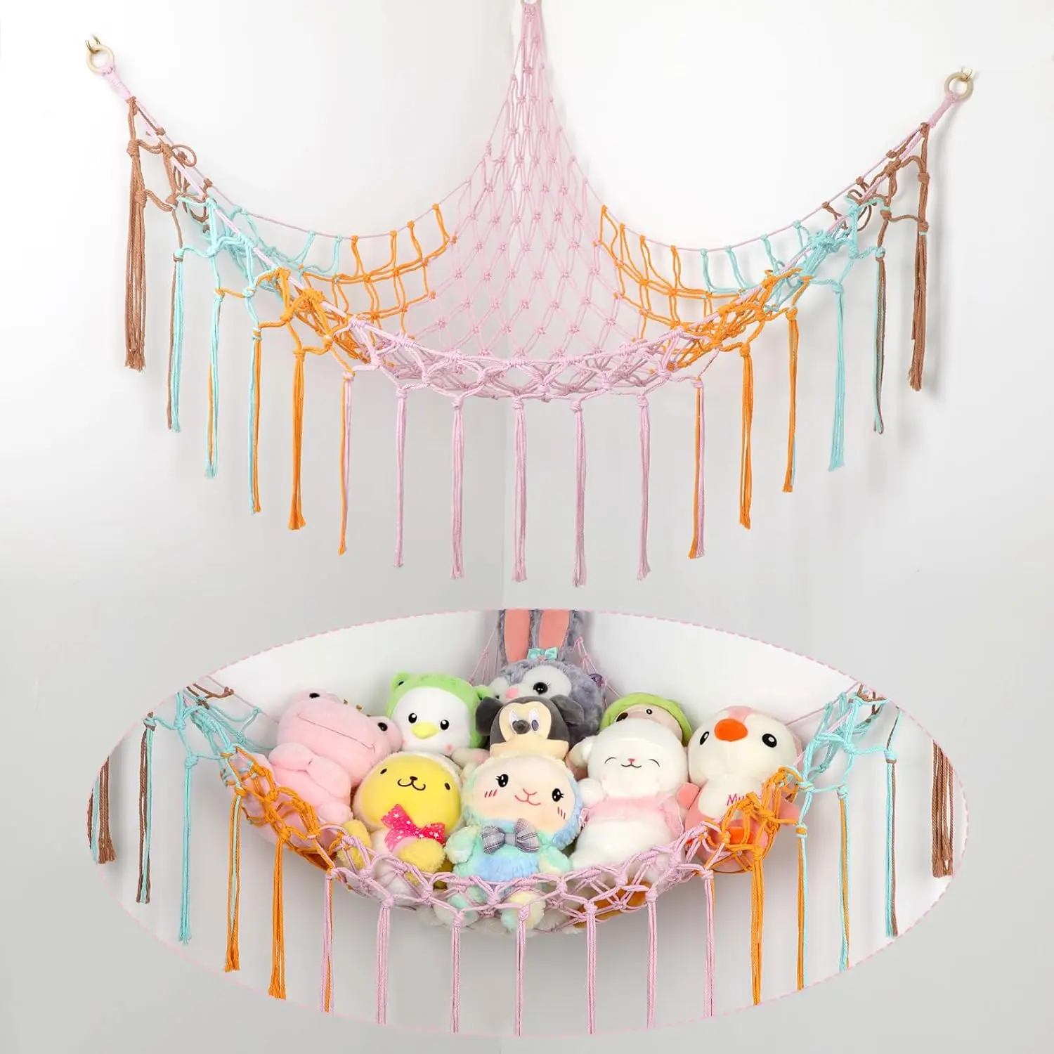 Large Hand-Knit Mesh Corner Hammock with Wooden Rings, Stuffed Animal Toy Storage, Boho Nursery-Bedroom Decor Organizer Holder (Sports & Outdoor Camping & Hiking Hammock)