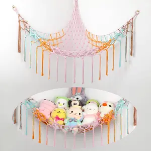 Stuffed Animal Hammock Corner, Hand-knitted Large Plushie Net Toy Hammock with Wooden Rings| Boho Cute Stuff Animal Storage for Nursery & Bedroom| Mesh Kids Toy Organizer Holder Nursery Room Decor