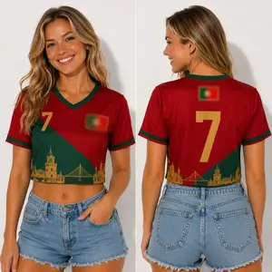 Women's Red Green Crop Top Jersey, Number 7 Graphic V-Neck Crop Tee, Button Front Summer Shirt, Casual Streetwear Top, Festival Outfit, Trendy Cropped Fashion Jersey