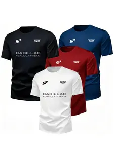4-Piece Round Neck Racing Sports Short Sleeve T-Shirts, Dry Fit Tees, Casual Daily Wear, Cadillac F1 Team Logo, Breathable Quick-Dry Fabric, Unisex