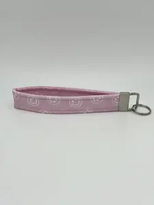 Pink Smiley Face Keychain Wristlet, Key Fob Lanyard, Retro Keychain, Y2K, Handmade