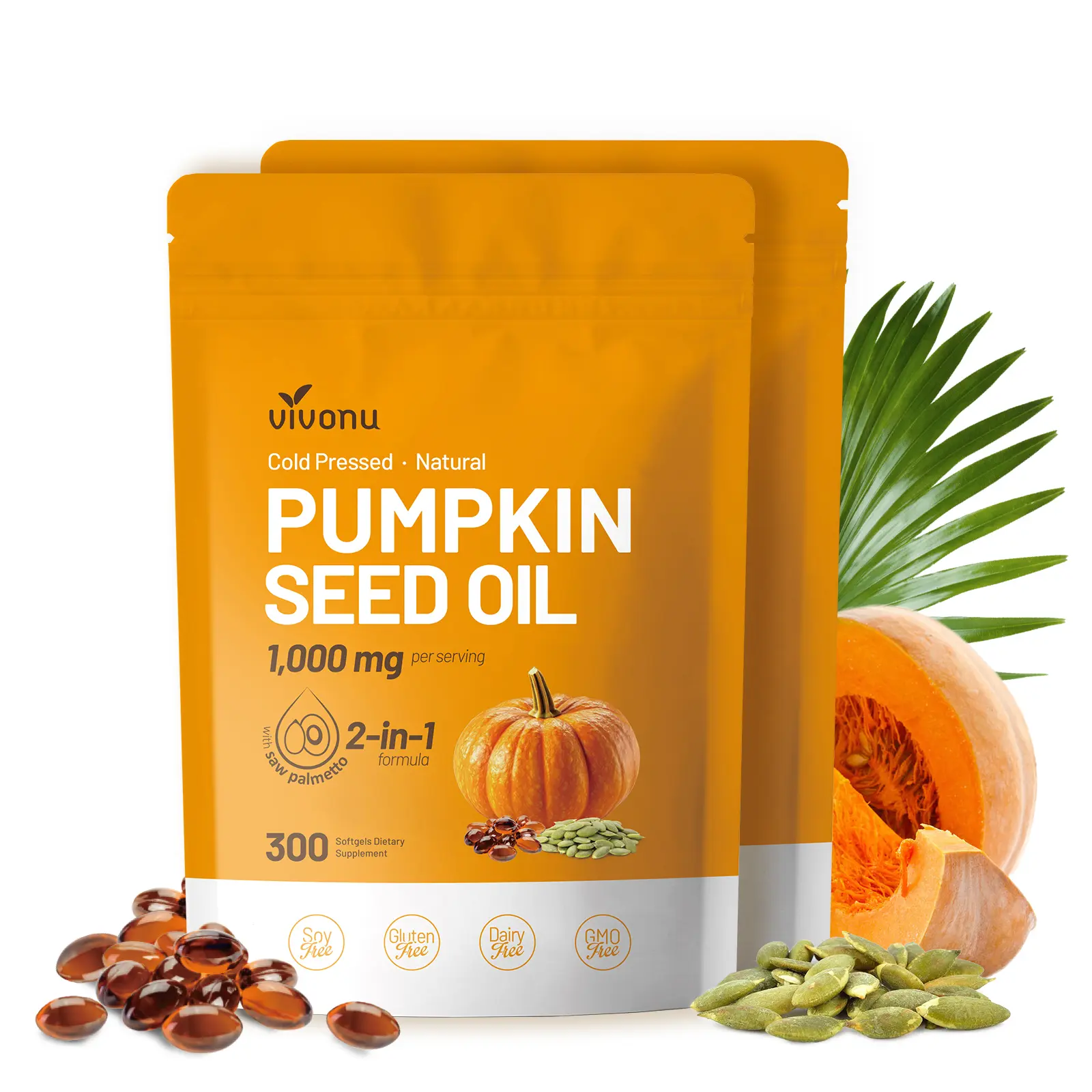 VivoNu Natural pumpkin seed oil and saw palmetto softgel 1000mg high content plant esters 300 capsules SummerVibes