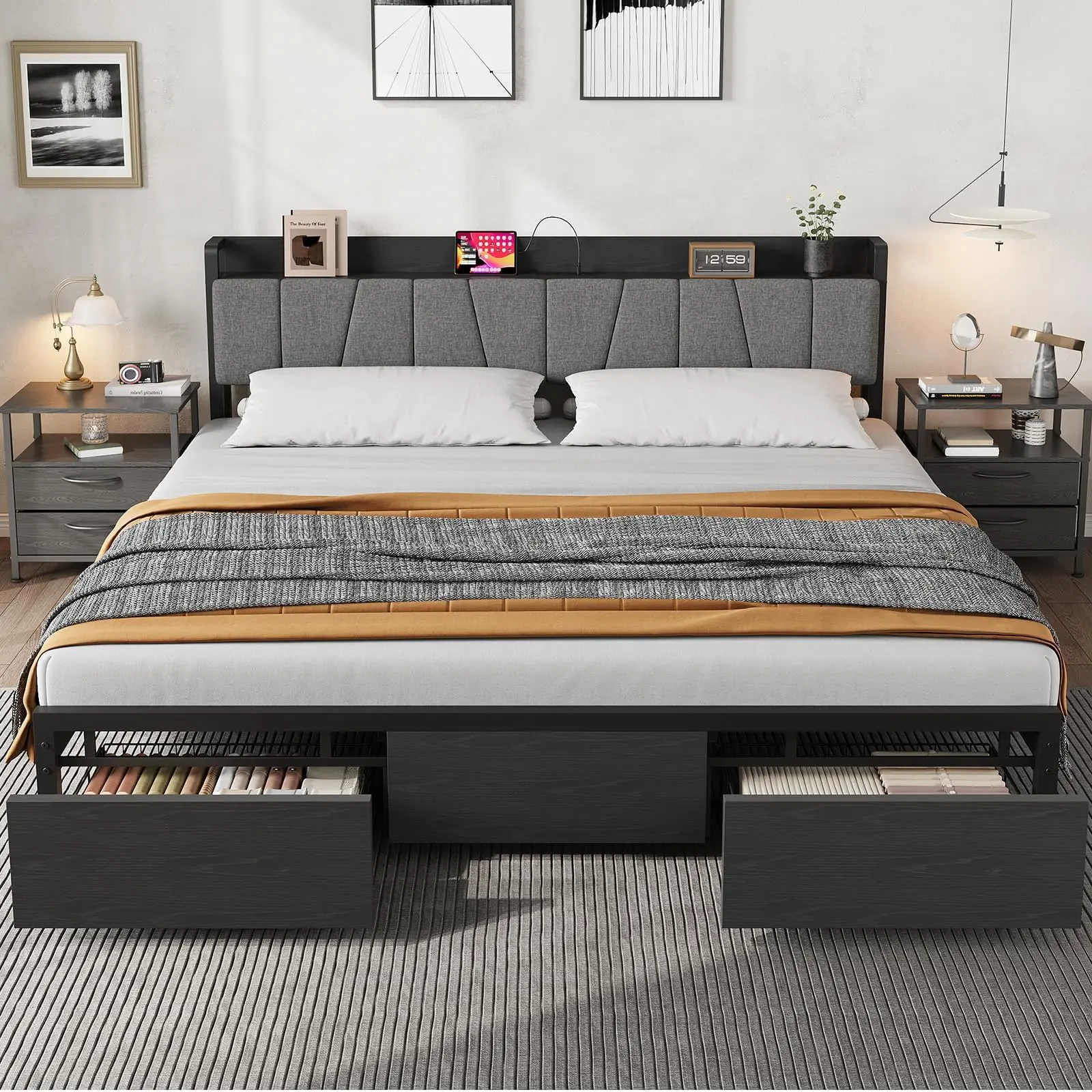 YJ-Garvee Upholstered Platform Bed Frame with Storage - King Size Black Modern Bedroom Furniture (87.3 x 76.4 x 36 inches), Headboard with 2 AC Outlets & USB Port, 2 Large Drawers, Silent Slat System, Space-Saving, No Box Spring Needed, Easy Assembly, Bed