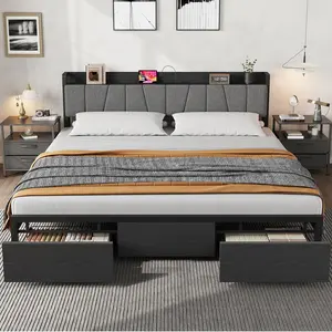 YJ-Garvee King Size Upholstered Bed Frame with 2 Large Drawers and Charging Station, Black Platform Bed with Storage Headboard, Noise Free, No Box Spring Needed, Easily Assembly