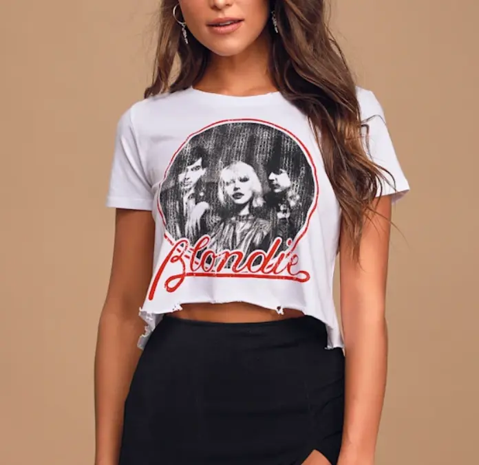 Blondie Circle Band Crop Top - White T-Shirt with Graphic Print Design for Blondie Fans