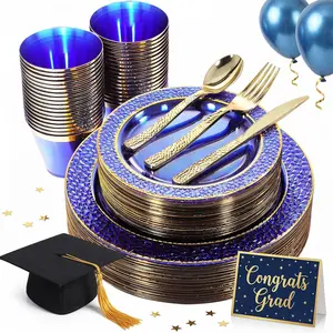 150 count Clear Blue Plastic Plates -  Party Plates - Blue and  Dinnerware Set Include: 50 Disposable Plate, 25Cups, 25Forks, 25Knives, 25Spoons for Wedding & Party & Hanukkah