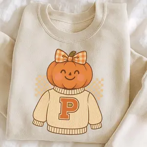 Preppy Varsity Pumpkin Youth Pullover– Retro Fall Pumpkin with Cable-Knit “P” Sweater & Gingham Bow, Cozy Halloween Sweatshirt