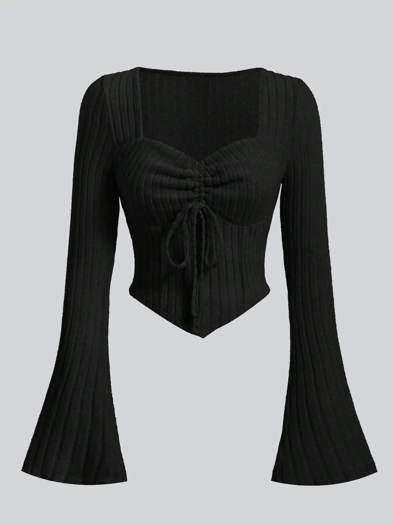 Autumn Women's Ribbed Pleated Drawstring Slim-Fit Bell-Sleeve Long Sleeve T-Shirt Bell Tops Shirt, Elegant Casual Fashion Fit for Autumn/Winter, Shein's Top Seller, Lady, Womenswear
