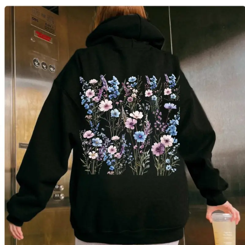 Women's Blue purple Wildflower Hoodie Graphic Hoodie - Cotton Blend Black Long Sleeve Pullover Regular Fit | Soft & Breathable Fabric, Durable Print, Everyday Comfort, Machine Washable, floral print hoodie elevator interior