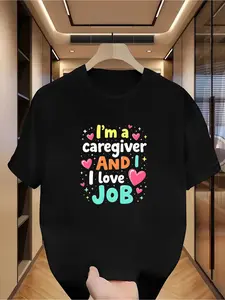Wo Elegant White Short Sleeve T-Shirt - "I'm a Caregiver and I Love My Job" Graphic Print with Colorful Hearts and Stars Round Neck Casual Top Machine Washable All-Season Comfort Caregiver Apparel Playful Print Tee Durable Fabric