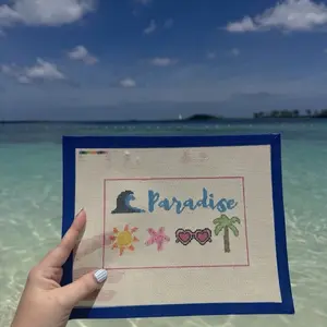Paradise is Calling Needlepoint Canvas – Tropical Needlepoint – 18 Mesh Canvas – Pink Coastal Vacation Stitch – Canvas Only