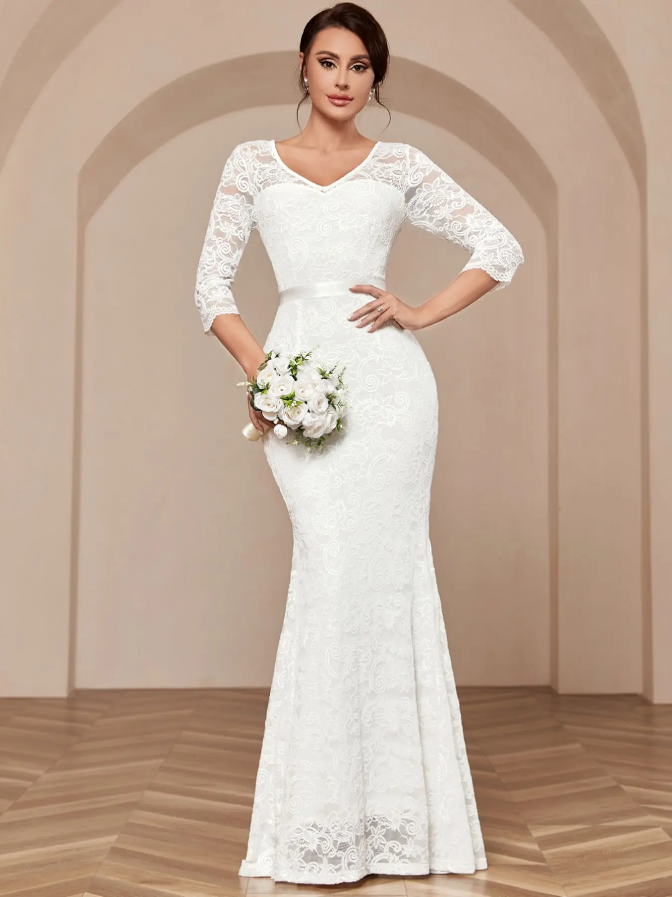 V Neck Full Floral Lace Belt Slim Mermaid Hem Evening Cocktail Party Formal Maxi Dress White Elegant Wedding Bridal Dress,Bride Wedding Dresses Long Gown