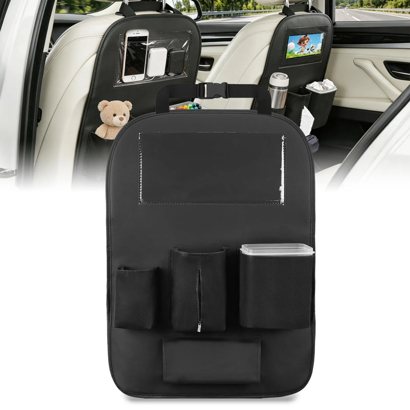 Nilight PU Leather Car Back Seat Organizer (1PCS) - Waterproof Multilayered Quick Install Multifunctional Storage with Kick Mat, Tissue Box, Removable Cup Holder, Universal for Van, SUV, Pickup Truck, Cars Accessories, Automotive Decoration, Vehicle Decor