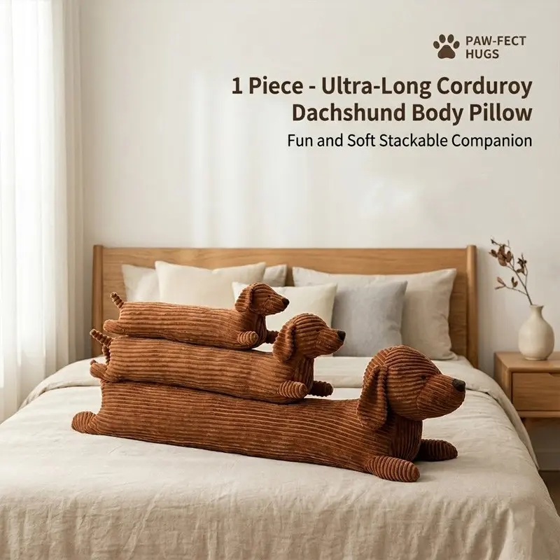 🧸 Soft Hugging Companion | 1 Pc Corduroy Dachshund Body Pillow Cute Animal Design | Ultra Long Wiener Dog Stuffed Animal