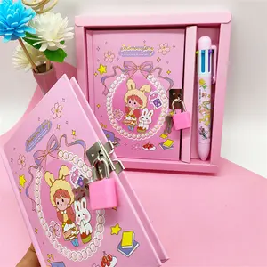 Cartoon Gold Foil Student Notebook Set, Girls' Lock Diary Mini Hand Account Book, Portable Notebooks with Color Pages, Planner Notebook