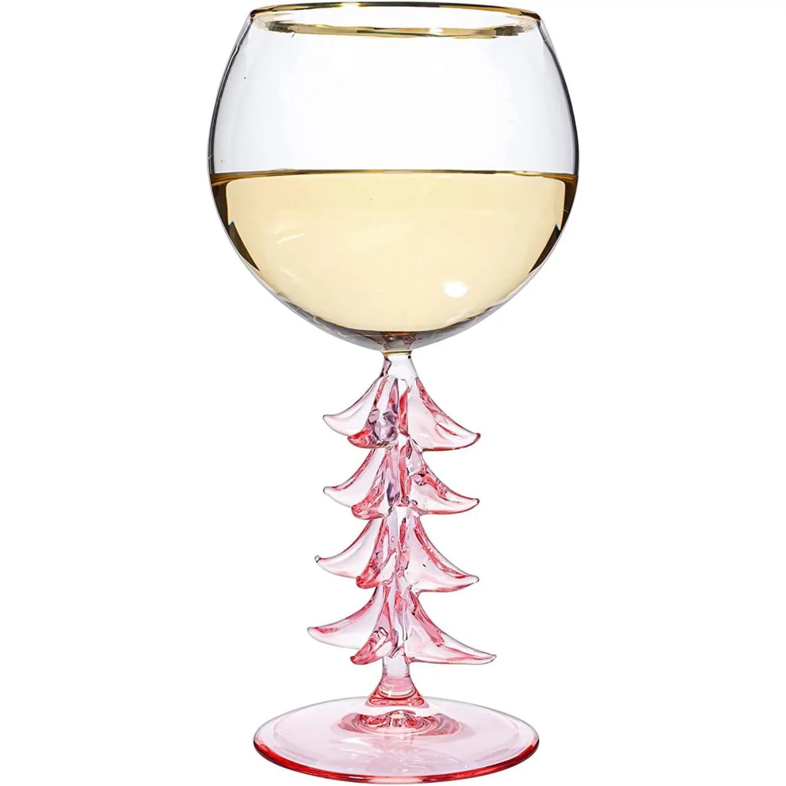 Crystal Winter Tree Stemmed Wine Glass - Pink - 12oz Goblet Bordeaux Gold Rim Colored Glassware, Cheerful Party Festive New Years Cheer for Winter Gift