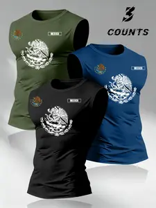 American Vintage Mexican Graphic Print Menswear Men's Tank Top Set, 3-Piece Round Neck Wide Shoulder Sleeveless T-Shirts, Trendy Memorial Tops Apparel