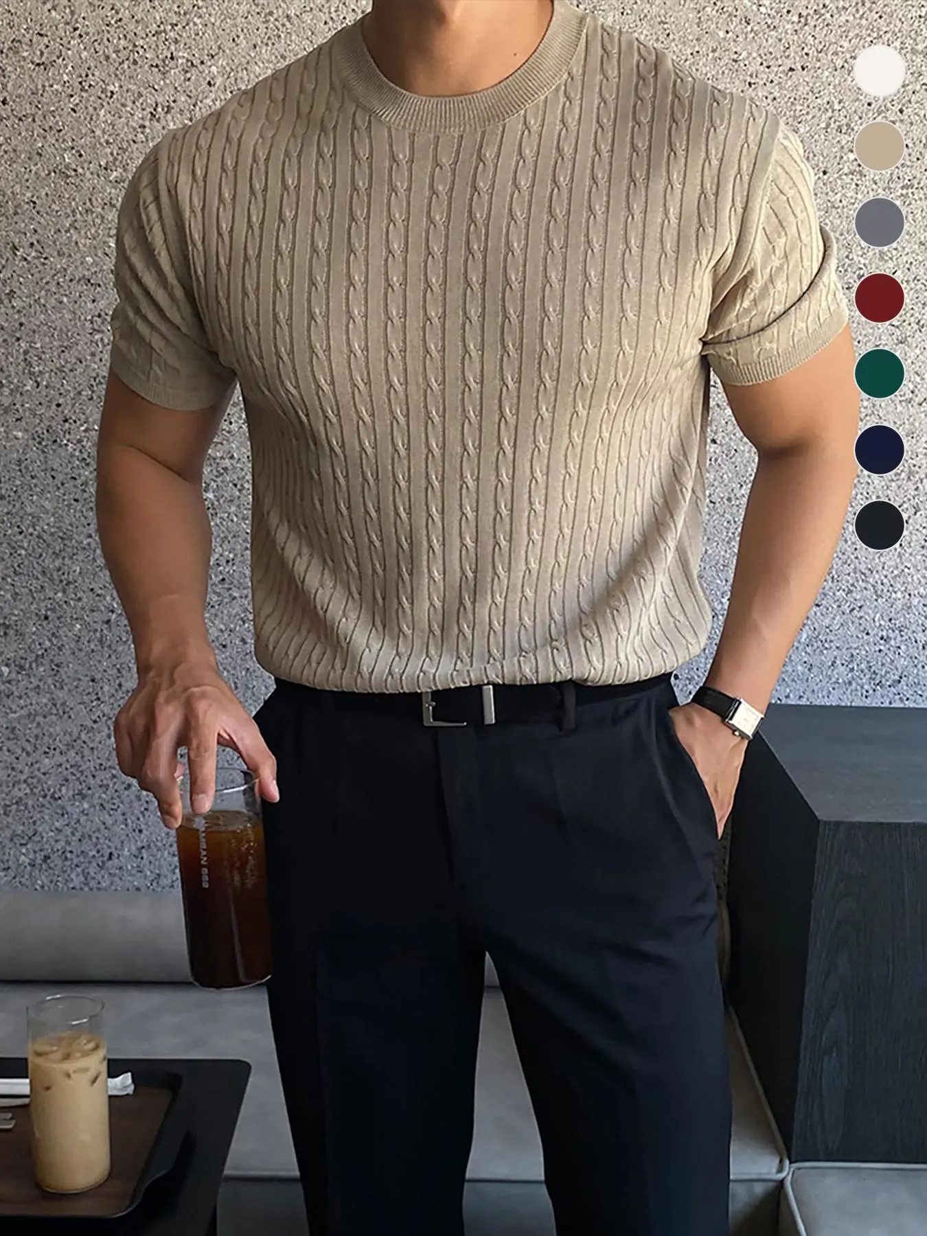 Summer Clothes Men's Plain Round Neck Cable Knit Top, Slim Casual Crew Neck Knitwear for Spring & Summer, Menswear for Daily Wear, National Day Clothing