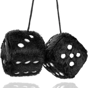 Black Fuzzy Dice for Rear View Mirror, Pair of 2.75" Plush Dice Retro Hanging Ornaments for Car Interior Rearview Mirror Decor Accessories