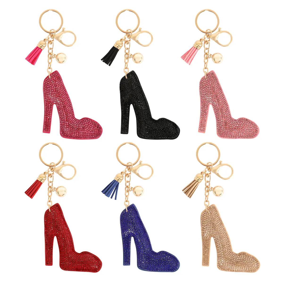High Heel Shoe Charm Keychain with Sparkly Rhinestone Tassel, Pink Glitter Finish & Gold Tone Hardware, Cute Fashion Bag Pendant Accessory for Purse Backpack Daily Decoration jet tags