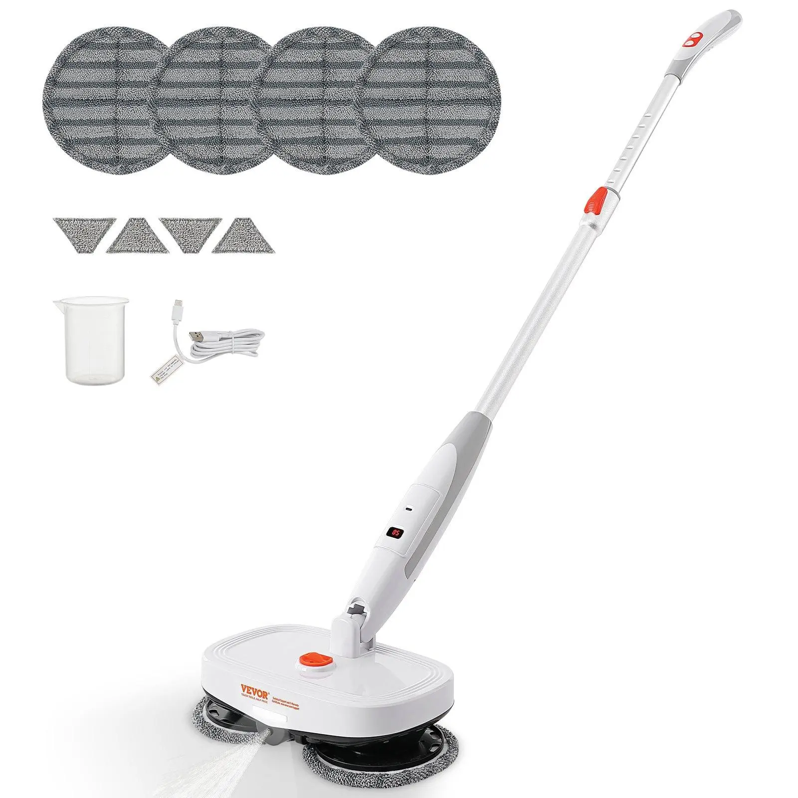 VEVOR Cordless Electric Mop Sweeper, Electric Spin Mop with Water Tank, up to 40 mins Battery, LED Headlight, Dual Mop Heads, 4 Microfiber Pads & 4 Trapezoid Microfiber Pads, for Hardwood/Tile Floor