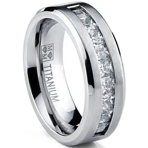 Titanium 1Ct. Men's Wedding Band Engagement Ring with 9 large Princess Cut Cubic Zirconia