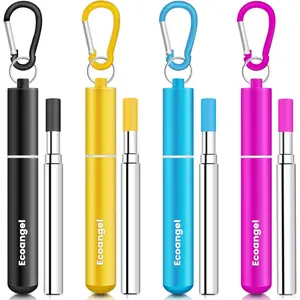 Cruise Ship Essentials,4-Pack reusable Collapsible Stainless Steel Drinking Straws with Aluminum Case,Cleaning Brush,and Keychains （Black & rose gold & blue & gold）