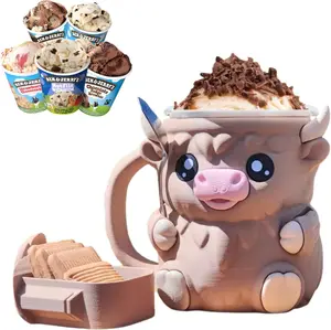 Highland Cow Ice Cream Pint Holder with Free Spoon - Leak Proof Insulated Sleeve for Beer Can Popsicles & Ice Cream Cute Animal Gift Drinkware Beverage