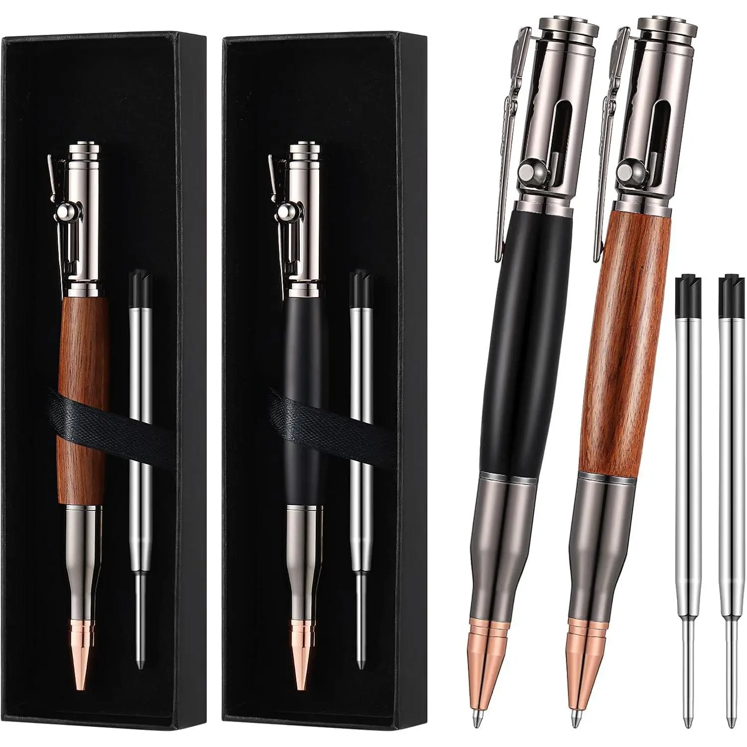 2 count Bolt Action Pen  Ballpoint Solid Brass  Shaped Pens and 2 count Refills with 2 Present Boxes for Father's Day, Valentine, Birthday, Black Ink(Black, Brown)