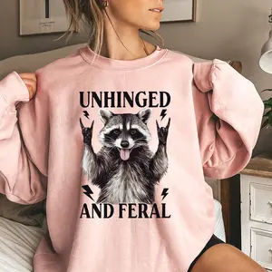 Unhinged And Feral Raccoon Funny Vintage Graphic Unisex T-Shirt, Christmas Fashion Loose Casual Long Sleeve Sweatshirt for Daily Holiday Outdoor Wear, Women Clothes for Fall & Winter