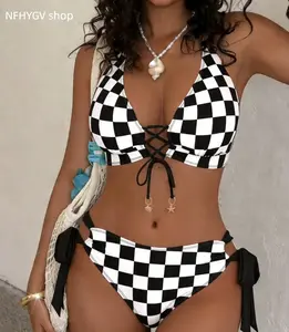 Plaid Print Women Two Piece Swimwear Adjustable Front Tie Structure Soft Comfortable Beach Outfit Simple Practical Bathing Suit for Seaside Vacation Pool Party And Daily Water Activity Wear