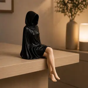 Gothic Hooded Reaper Shelf Sitter - Minimalist Mystery Figure Statue - Modern Noir Home Decor - Unique Gift for Book Lovers - Spooky Aesthetic Bookshelf Accessory(3D Print)