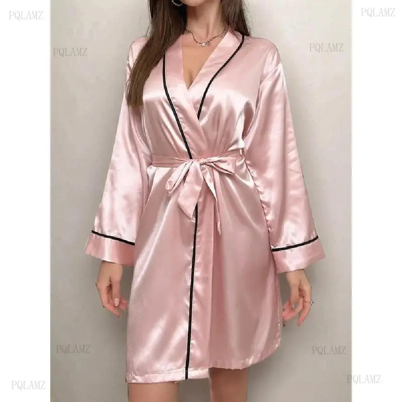 2026Women's Contrast Binding Belted Kimono Robe, Princess Robe, Dressing Gown for Women, Soft Bride's Robe for Honeymoon Wedding Bridal Party, Women's Sleepwear, Loungewear