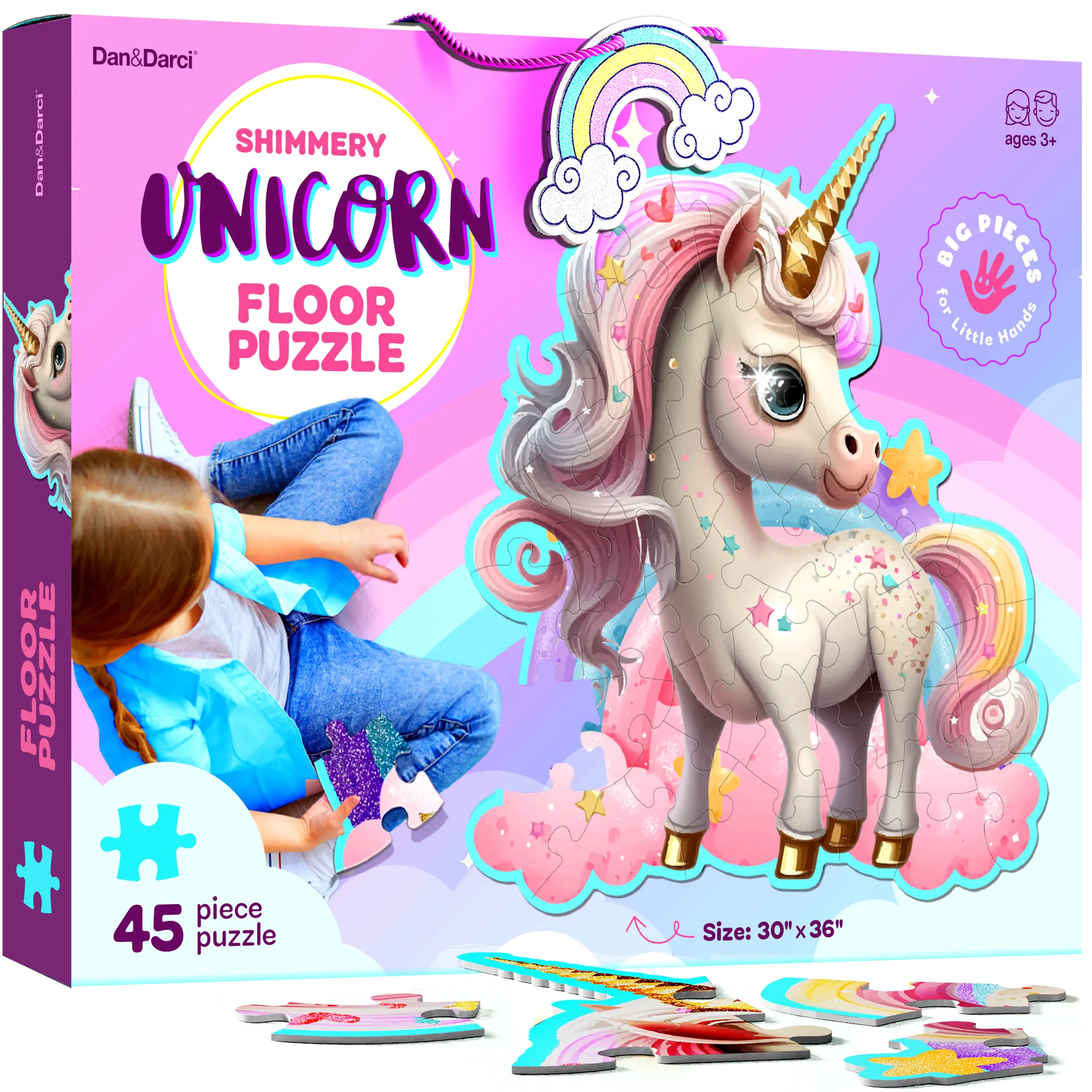 Dan&Darci Jumbo Shimmery Unicorn Floor Puzzle, 45 Oversized Foil-Accents Pieces, 30"x36" for Magical Group Fun