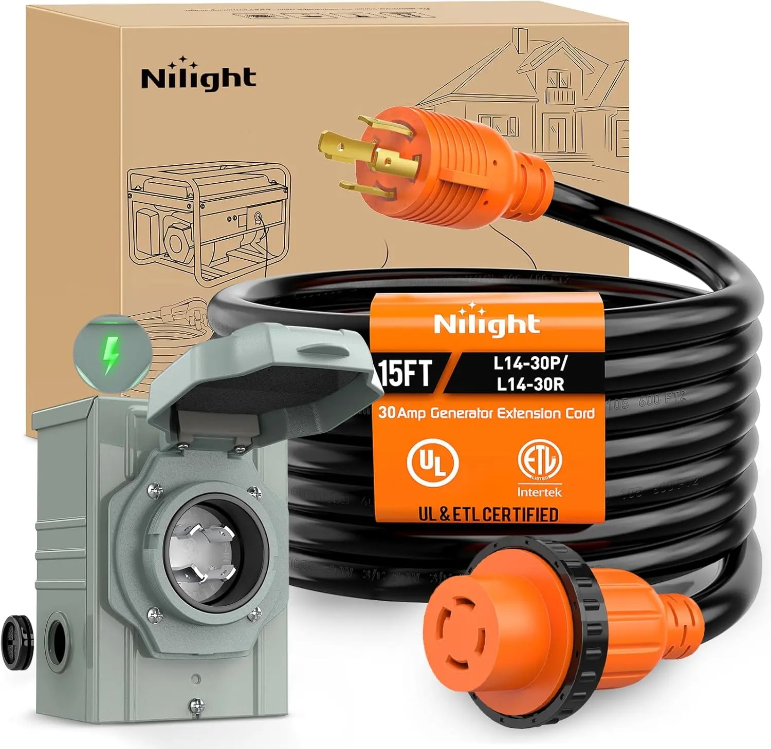 Nilight Motorhome Heavy-Duty Weatherproof Generator Extension Cord, 30A 15ft 10 Gauge STW ETL Certified 4-Prong L14-30P/L14-30R Copper PVC Flexible Wire, 125/250V 7500W Twist Locking Connector Cable for RV Outdoor Use, Flame‑Retard Pvc