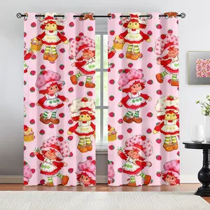 Strawberry Shortcake Curtains, Cute Cartoon Strawberry & Bow Pattern Window Drapes, Light-Filtering Curtain Panels for Kids Room, Playroom, Nursery, Spring & Summer Home Decor, Interior Decoration Accessories, 2 Panels