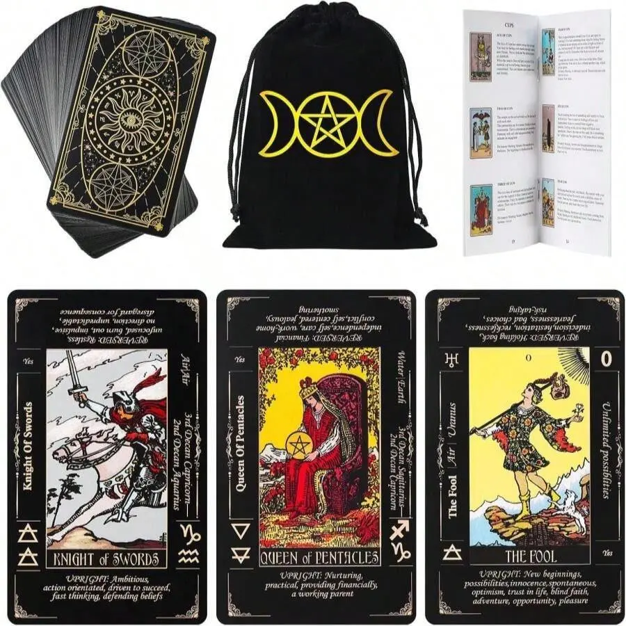 78-Card Classic Original Tarot Deck for Beginners, Fortune Telling Toy with Guide Book, Linen Carry Bag and Printed Card Meanings