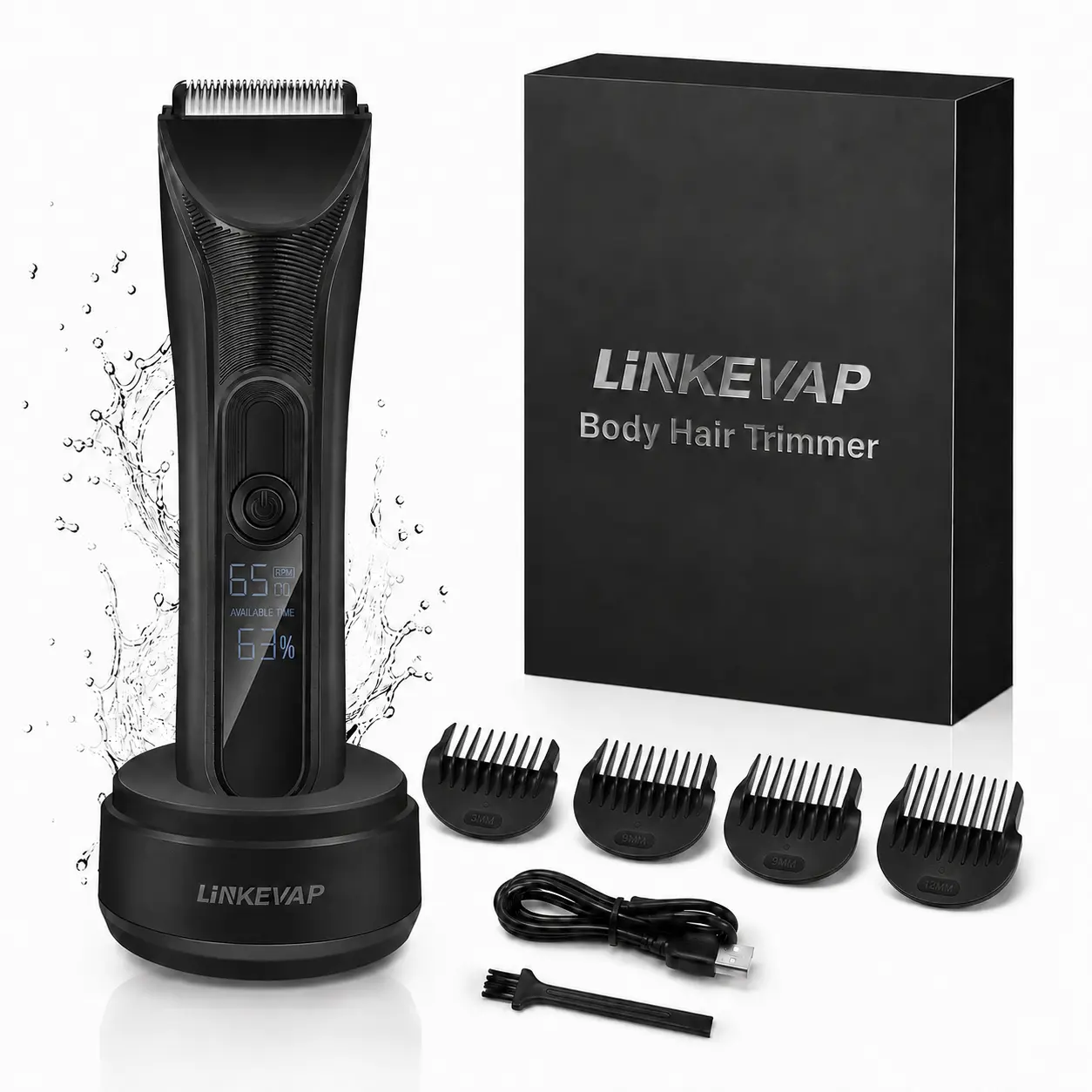 LINKEVAP Men’s Full-Body Hair Trimmer - Cordless Groin Groomer with Ceramic Blade, Rinsable Waterproof Electric Shaver, LED Display, 4 Guide Combs, Rechargeable Design for Smooth Trim