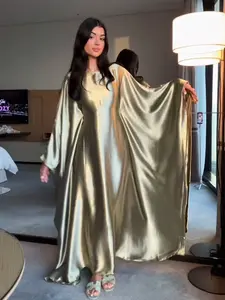 L776(1‑Piece Shiny Gold Satin Batwing Sleeve Abaya, Luxury Evening Modest Muslim Maxi Dress)