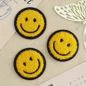 3pcs Round Happy Face Pattern Patches, Cute Cartoon Style Iron-on Sewing Patches Suitable for Clothes, Bags, Shoes, Hats, Home Decoration, Etc.