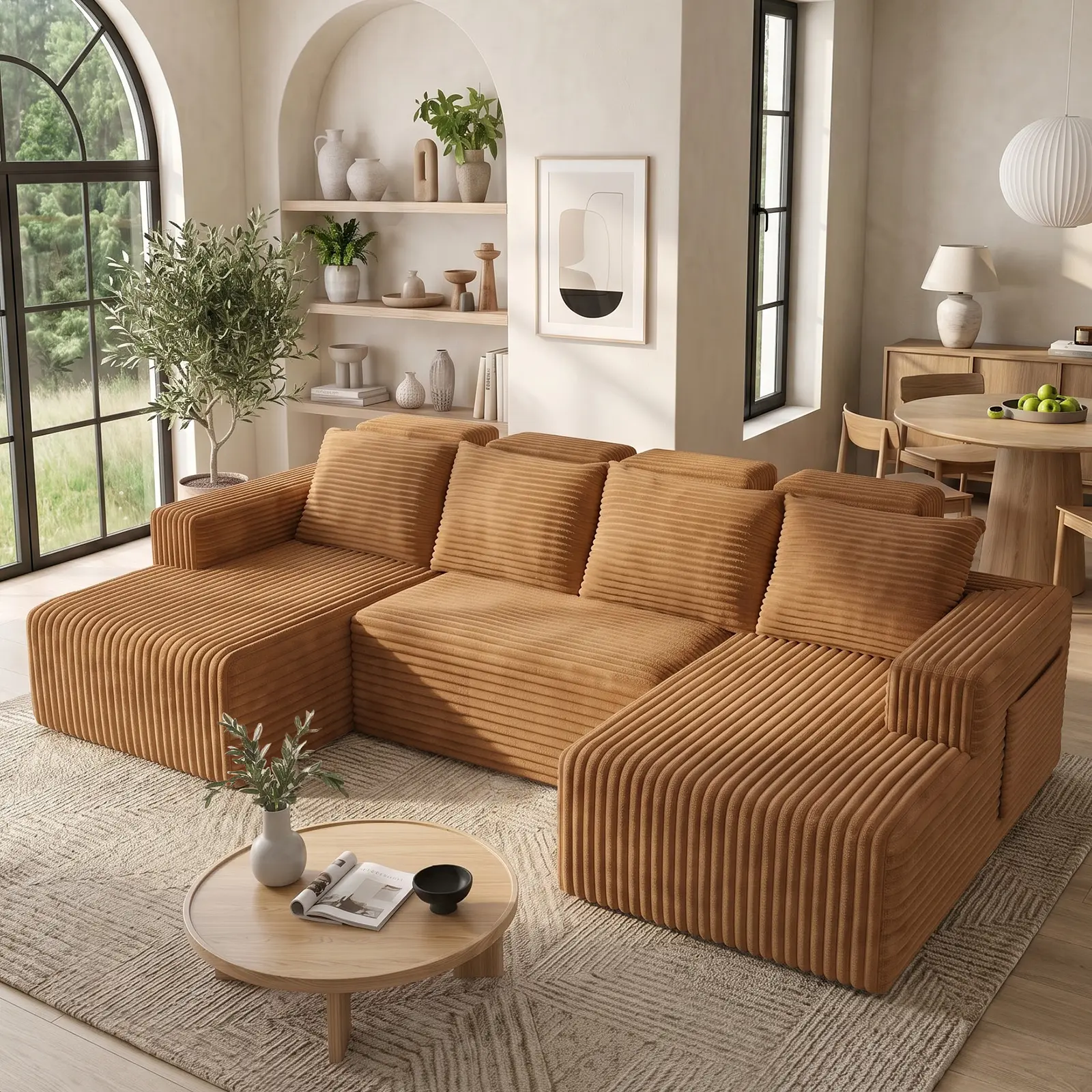 113.4" Modern Modular Sofa with Pocket Springs, 3-Piece Convertible U-Shape Cloud Couch, Deep Seat Foam Modular Couch Floor Sofa for Living Room Furniture, Black/Gray/Beige/White/Green
