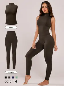 Women's Two-Piece Set, Yoga Outfit, High Neck Design, Comfortable Micro-Compression, Waist Cinch, Seamless Knit, Perfect for Home & Outdoors, Yoga Activewear