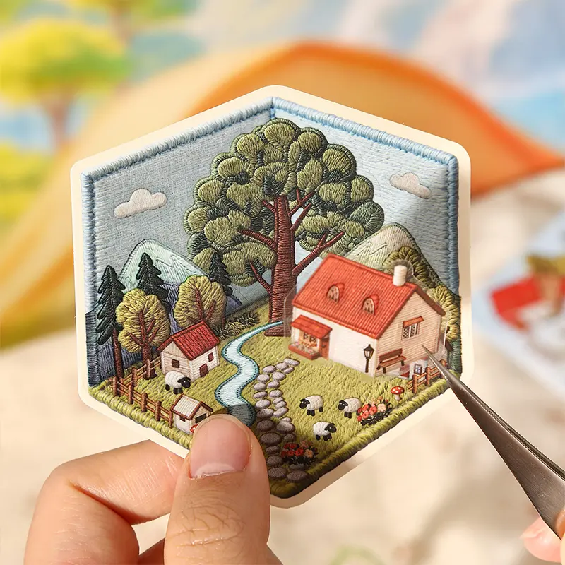 Set of 4 Vintage Cottagecore Themed Stickers, Embroidery Style with Camping Garden Tea Room Designs, Cozy European Home Decorative Stickers, Aesthetic Stickers for Journaling and Scrapbooking
