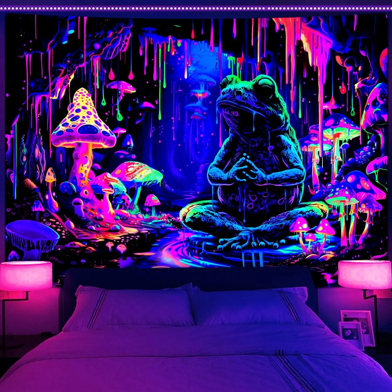 Blacklight Frog Tapestry UV Reactive Mushroom Tapestry for Bedroom Colorful Cave Tapestries Magic River Wall Tapestry Hippie Large Wall Hanging for Room Dorm