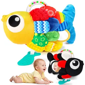 Baby Sensory Tummy Time Toys for 0-3 Months 3-6 6-12 Months High Contrast Fish Toy with Mirror & Crinkle Rattle for Baby Boy Girl Shower Gifts Interactive Exploration Physical Strength Development - Infant